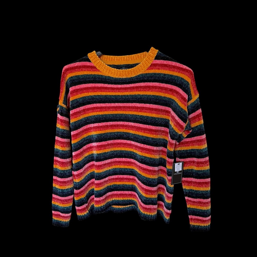 Volcom Prism Break Sweater Womens Small Multi Color Striped Chenille Knit